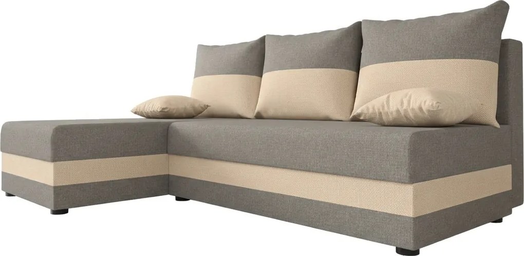 Kinyitható kétoldalas L-alakú sarokgarnitúra VALERIO SLIM 200x140 cm, világosszürke/bézs + 2 párna AJÁNDÉKBA