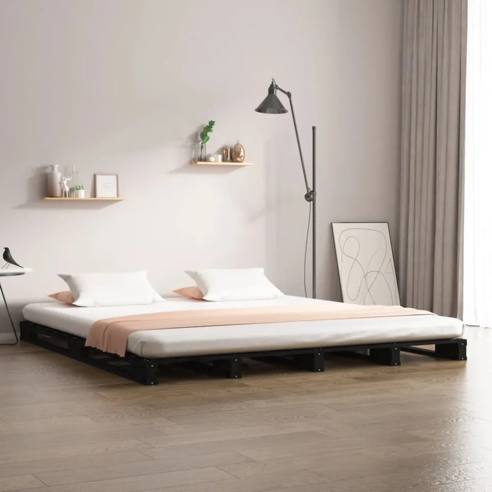 fekete tömör fenyőfa raklapágy 135 x 190 cm (Double)