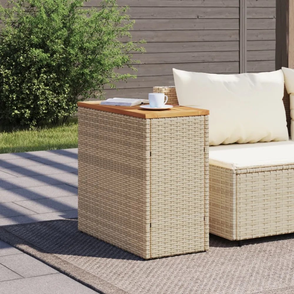 bézs polyrattan kerti kisasztal fa asztallappal 58x27,5x55 cm