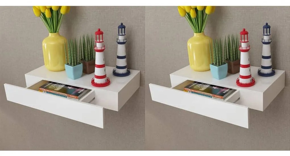 2 db fehér lebegő fali polc fiókkal 48 cm