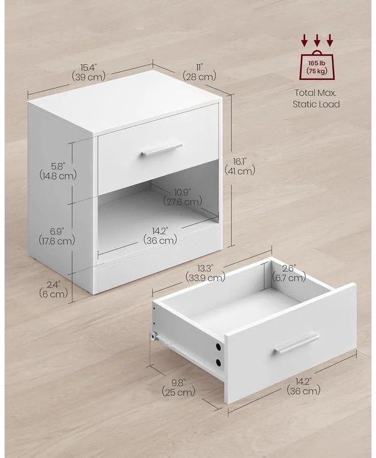 Éjjeliszekrény, 2 darabos szett, fiókkal 28 x 39 x 41 cm fehér