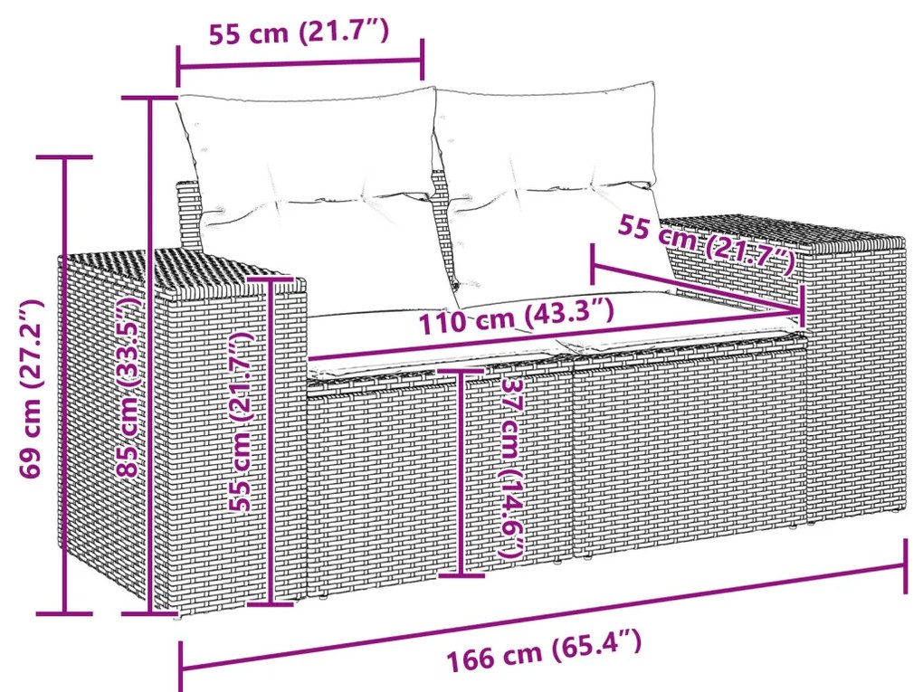 9 Részes Kerti Sofa Szett Párnákkal Bézs Poli Rattan Akác