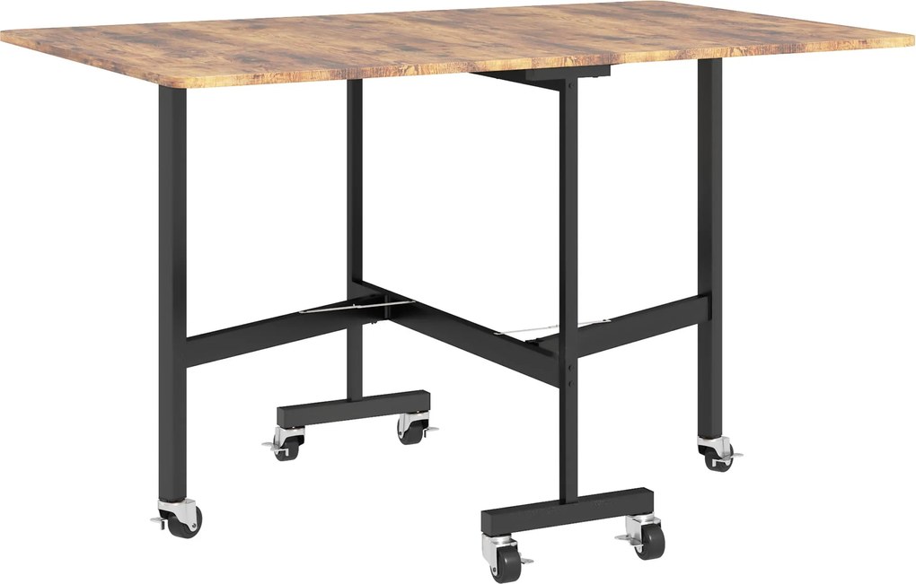 HOMCOM Hajtogatható Konyhai Asztal, Összecsukható Étkezőasztal, 2 Kihajtható Lappal, 6 Fékes Kerekű, 4-6 Fő Részére, 100 kg Teherbírás, Acél Lábak, 12