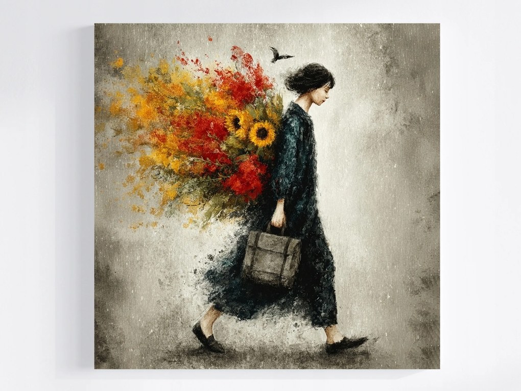Canvas Vászonkép Portré Nő Séta Virágok Ősz Szürke 80x80
