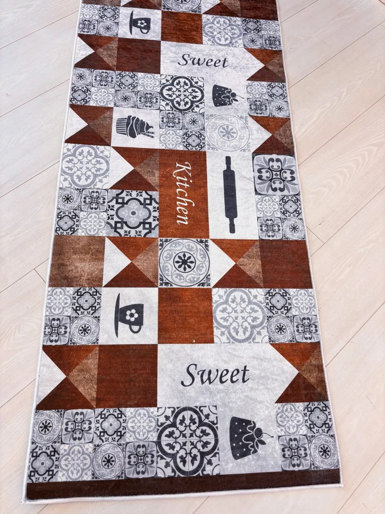 Szürke és barna vintage csempe mintás konyhai szőnyeg 60x180 cm