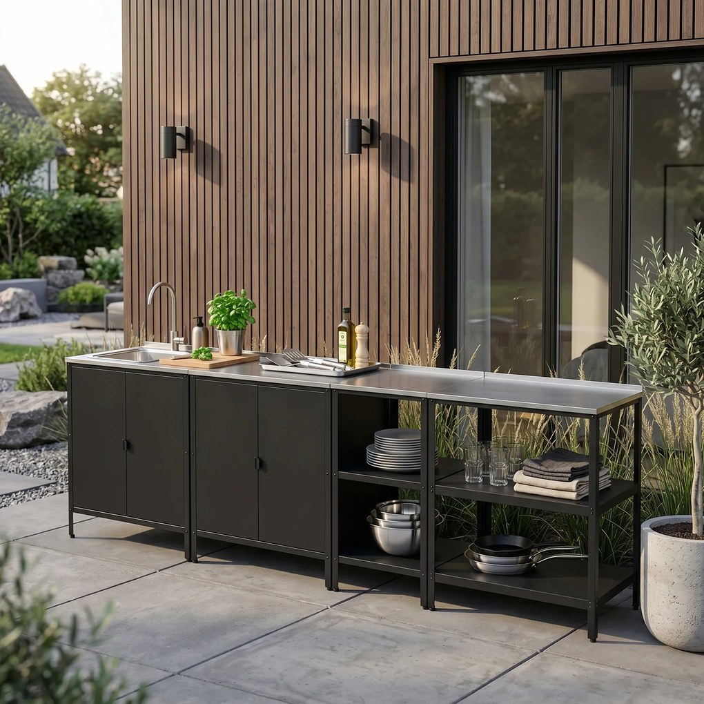 4 részes kerti konyhabútor mosogatóval, fekete, acél, INES