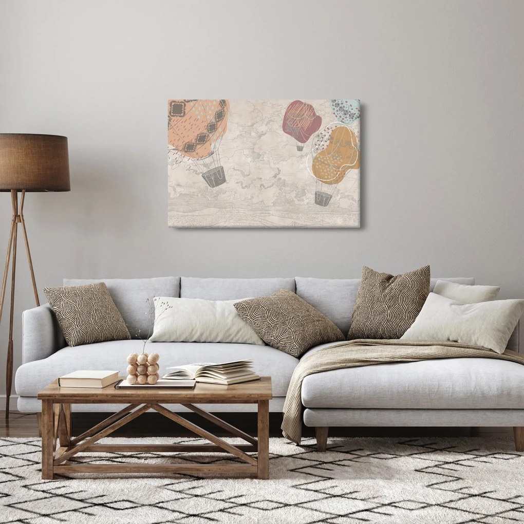 Kép - léggömbök a város felett , meleg tónusok (90x60 cm)