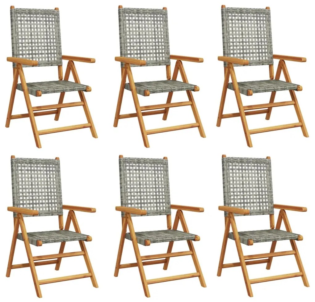 6 db szürke polyrattan és tömör fa dönthető kerti szék