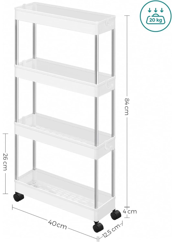 Keskeny 4 szintes tárolókocsi, helytakarékos polcrendszer, 40x12.5x88 cm, fehér