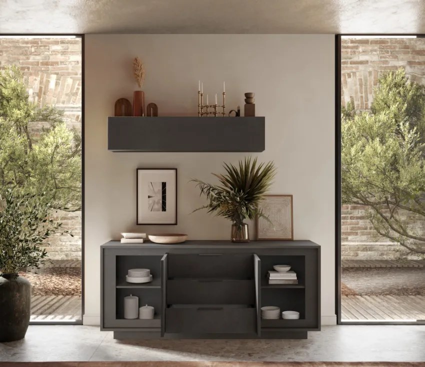 SKY 2.0 komód 2 ajtóval és 3 fiókkal, sötét láva matt vázzal és laminált előlapokkal