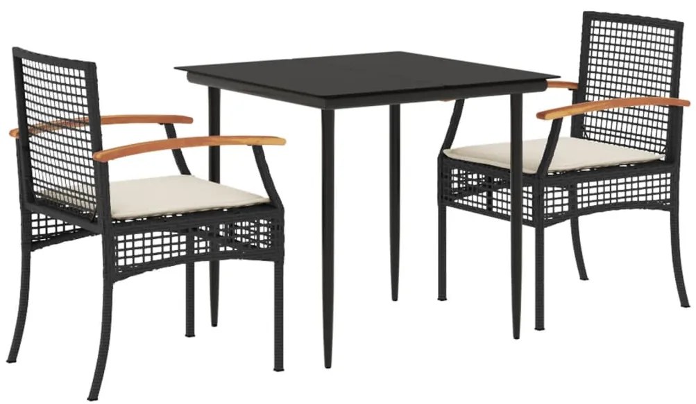 3 részes fekete polyrattan kerti étkezőgarnitúra párnákkal