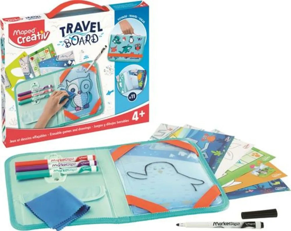 Kreatív készségfejlesztő tábla, átlátszó, törölhető, utazótáskával, MAPED CREATIV, Travel Board, állati móka (IMAC969310)