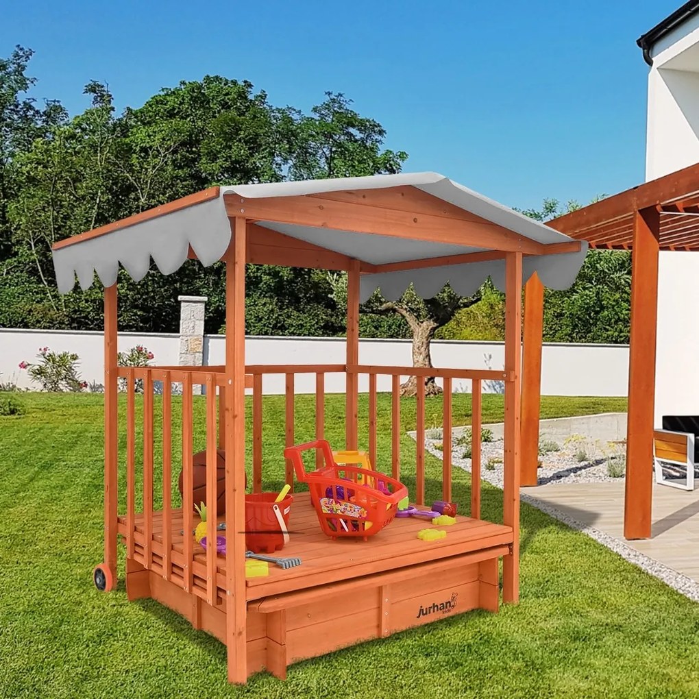 HAPPY homokozó verandával, tömör borókafenyőből 130 x 130 x 143 cm barna szürke Jurhan