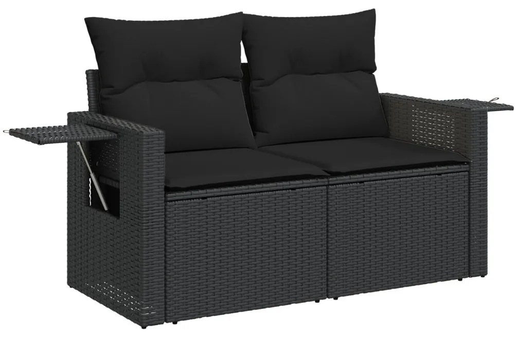 9 Részes Kerti Kanapé Készlet Párnákkal Fekete Poli Rattan Akácia, 3 Részes Kerti Étkező Készlet Párnákkal Fekete Poli Rattan Akácia