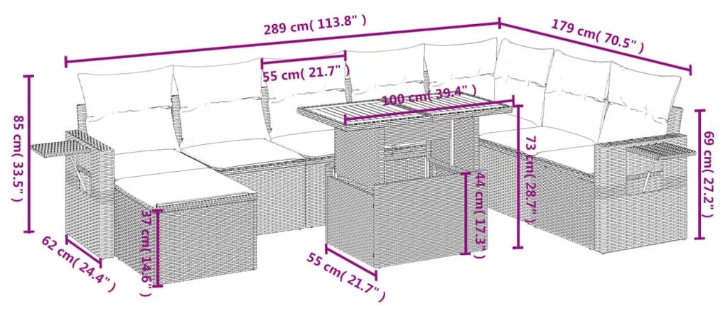 9 részes fekete polyrattan kerti ülőgarnitúra párnákkal