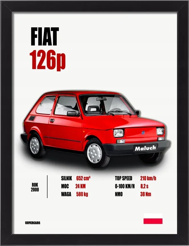Fiat 126p falikép keretben kisautó 30x20 cm