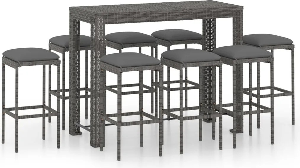 vidaXL 9 részes szürke polyrattan kerti bárszett párnákkal