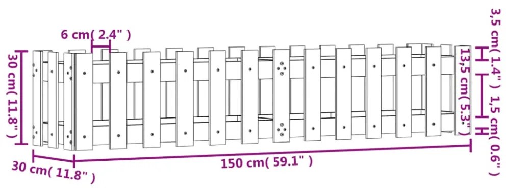 fekete tömör fenyőfa kerti magaságyás kerítéssel 150x30x30 cm