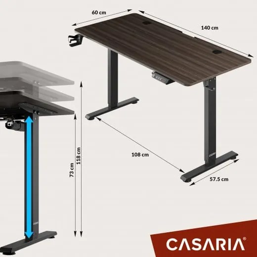 Casaria® Magasságban állítható irodai asztal 140x60x118 cm - barna