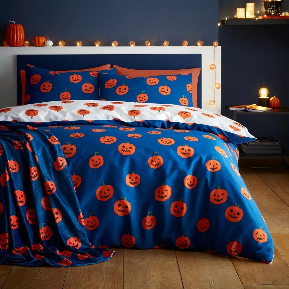 Kék-narancssárga egyszemélyes ágyneműhuzat 135x200 cm Halloween Pumpkins – Catherine Lansfield