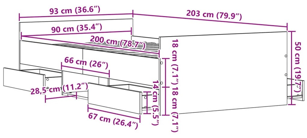 Ágykeret fejtámlával fiókkal Musta tammi 90 x 200 cm Faanyag