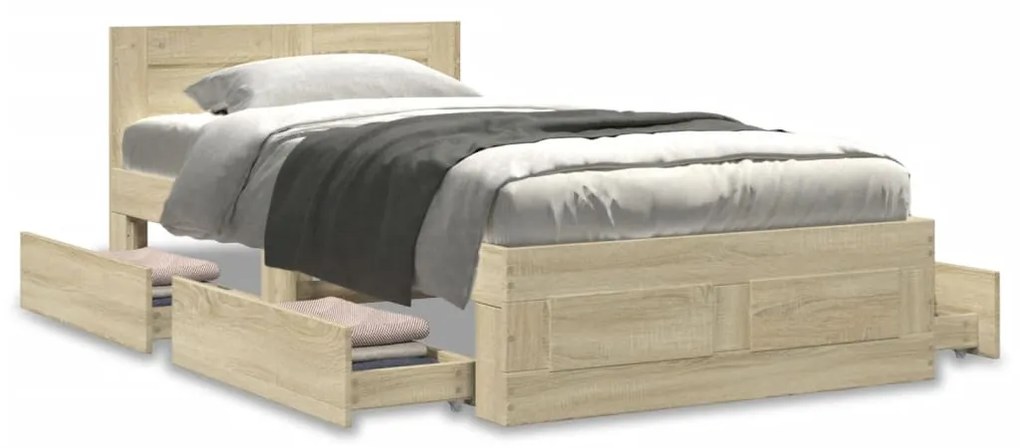 sonoma-tölgyszínű szerelt fa ágykeret fejtámlával 90 x 200 cm