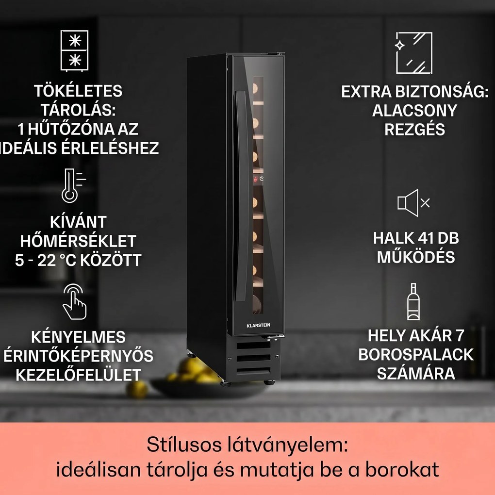 Klarstein Vinovilla 7 built-in Uno Onyx, beépített borhűtő, fekete üveg, rozsdamentes acél