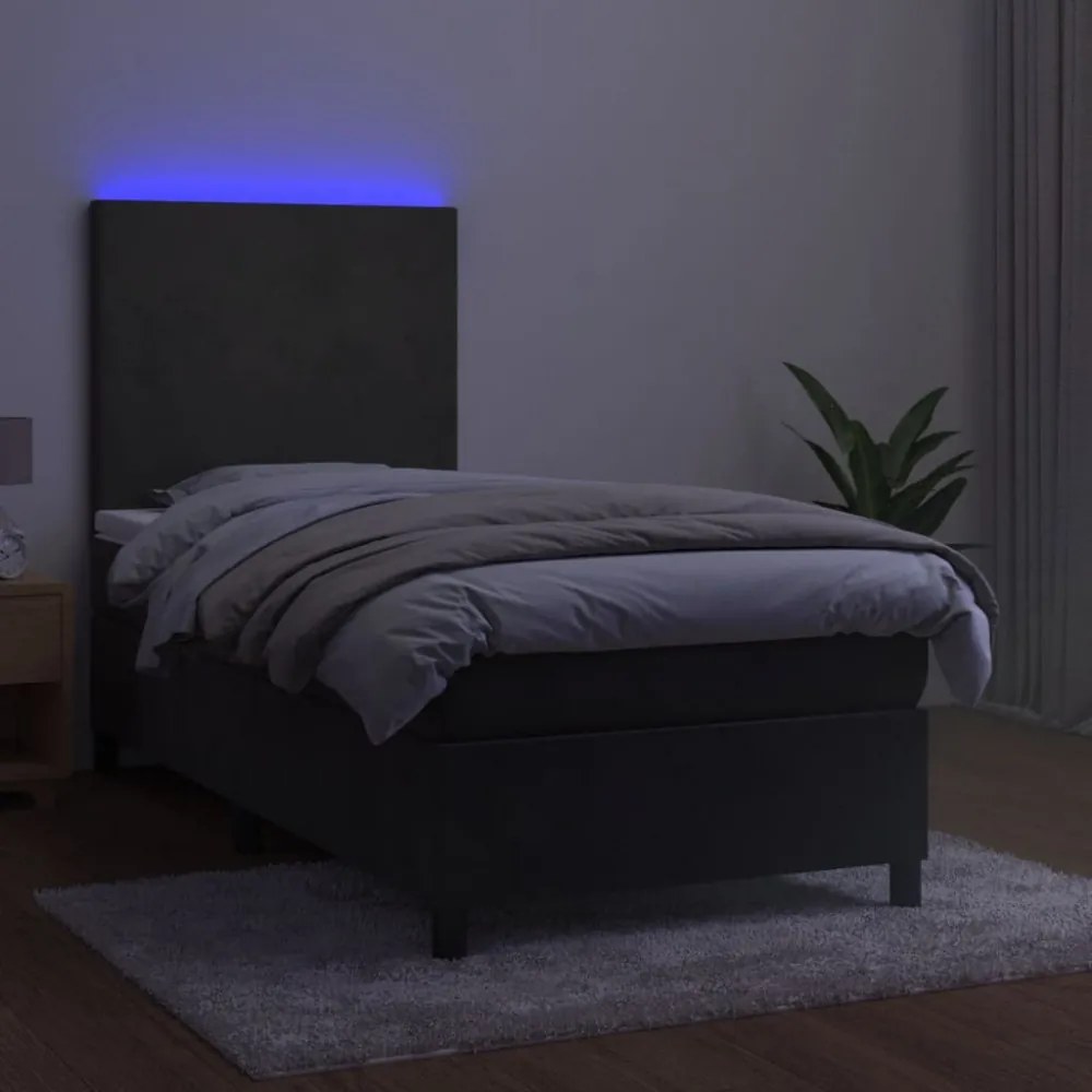 sötétszürke bársony rugós és LED-es ágy matraccal 80 x 200 cm