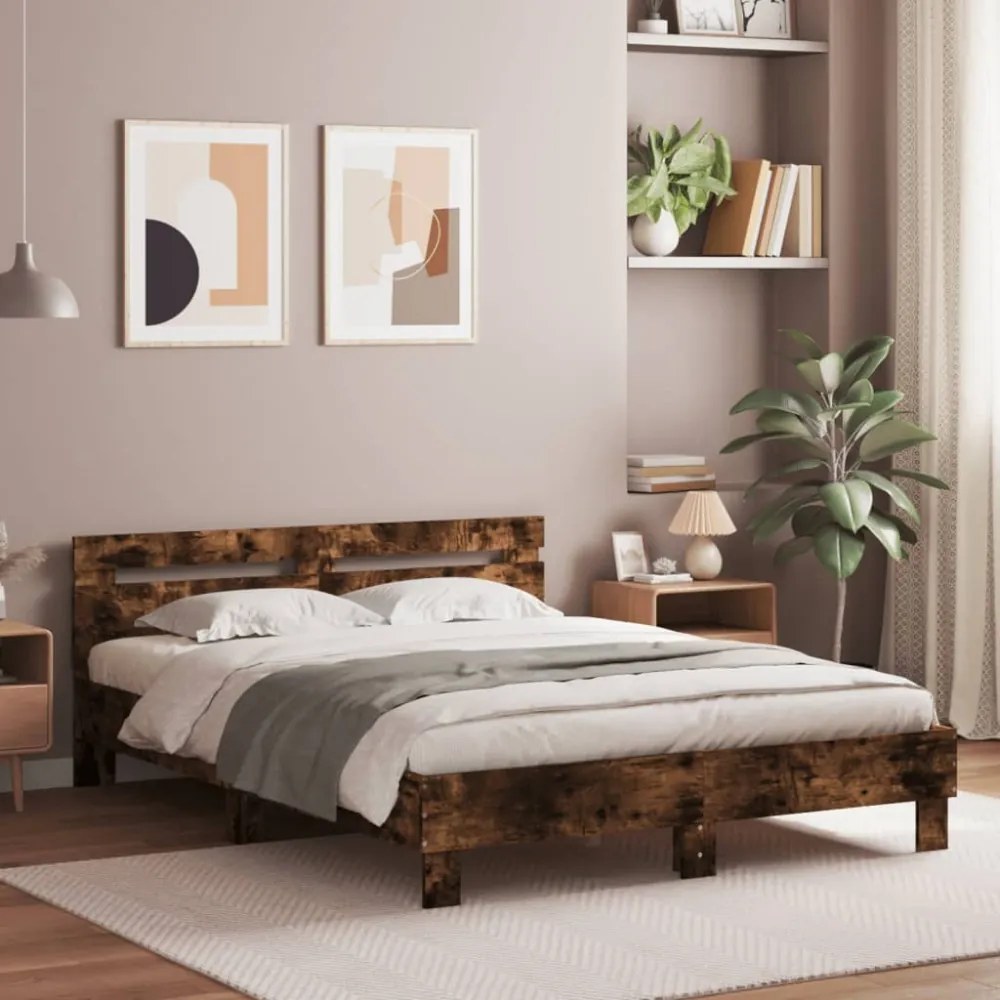 füstös tölgy színű ágykeret fejtámlával és LED-del 140x200 cm