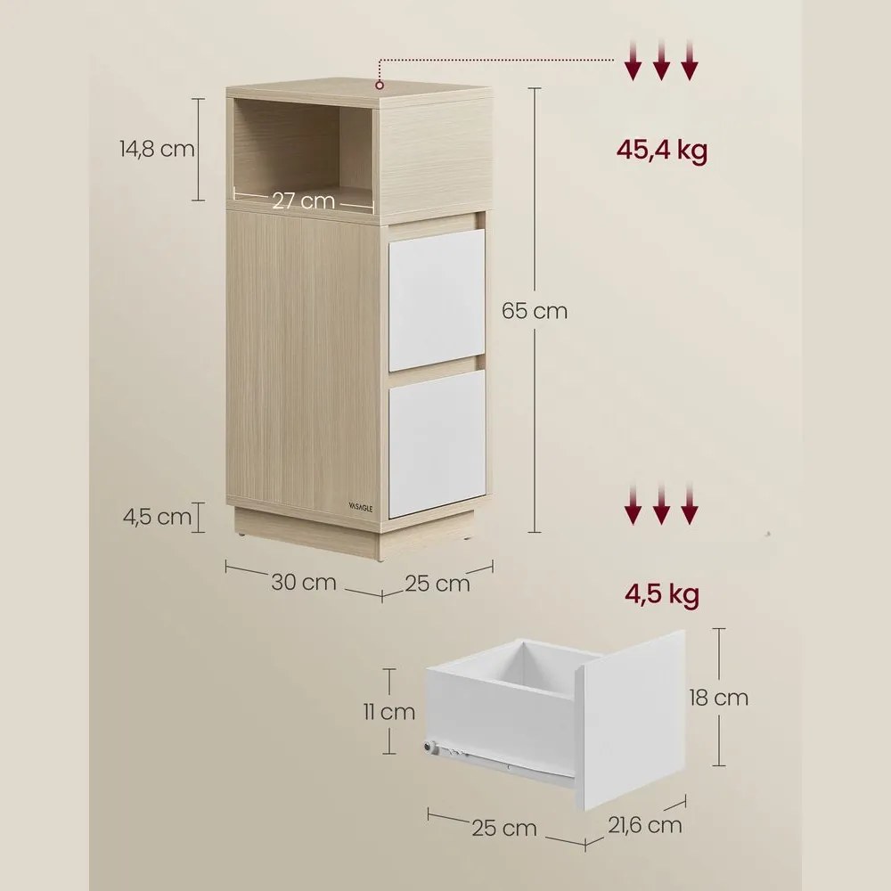 ROBIN éjjeliszekrény, 30x25x65cm, fehér/bézs Vasagle