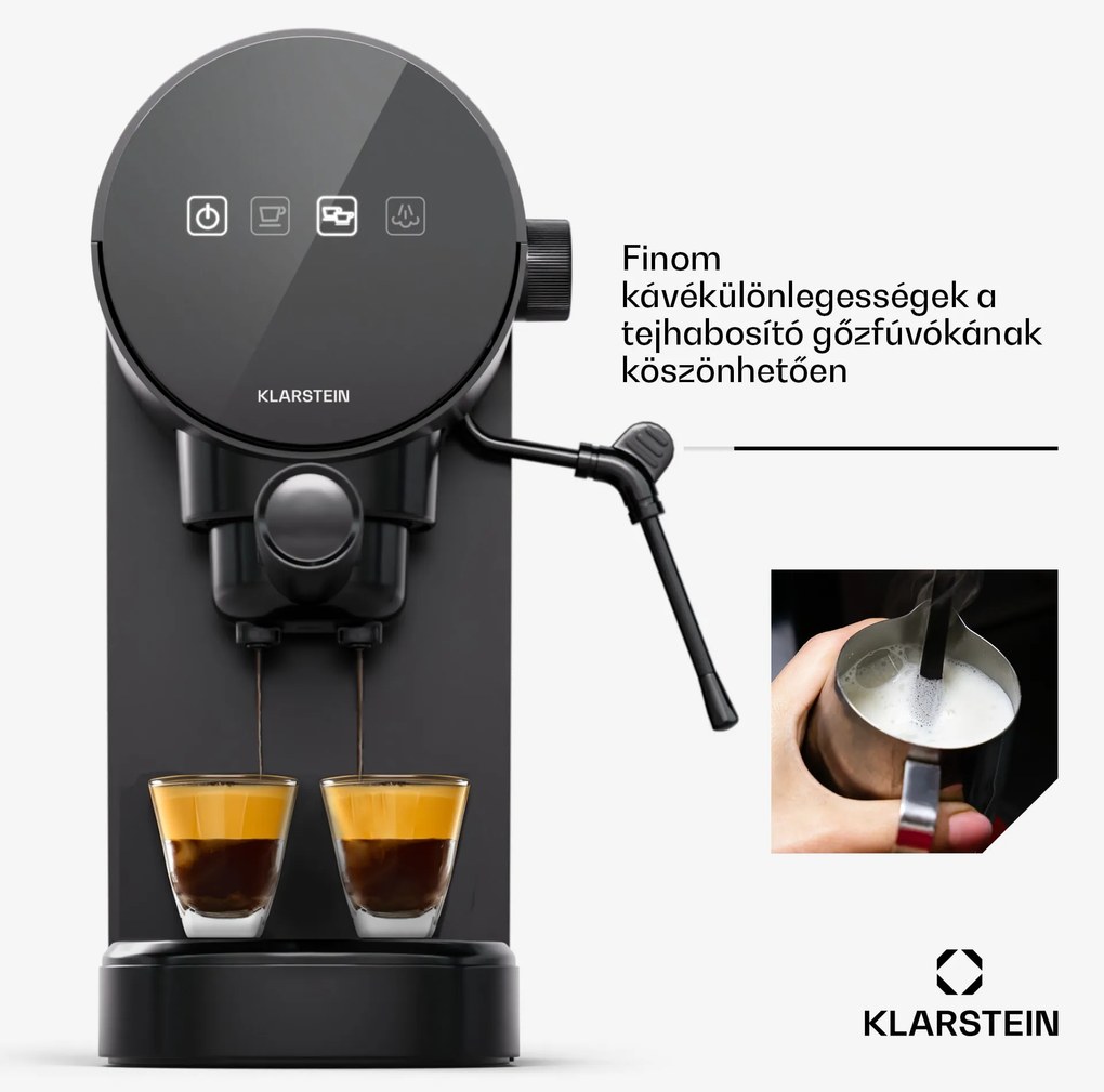 Klarstein Furore, eszpresszógép, 1380 W, 20 bar, digitális kijelző, 2 csésze, kompakt, rozsdamentes acél
