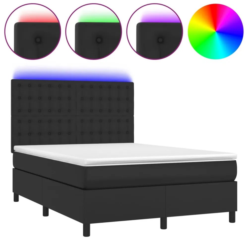 fekete műbőr rugós ágy matraccal és LED-del 140 x 190 cm