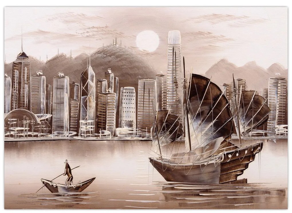 Kép - Victoria Harbour, Hong Kong, szépia hatás (70x50 cm)