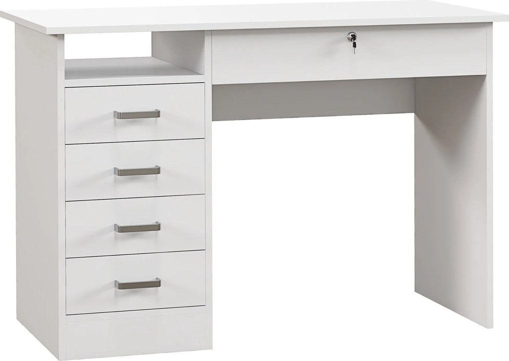 HOMCOM Modern Számítógép Asztal 5 Fiókkal, Nagy Asztallap, 1 Nyitott Rekesz, Zárható Fiók, 110x50x76 cm, Fehér | Aosom