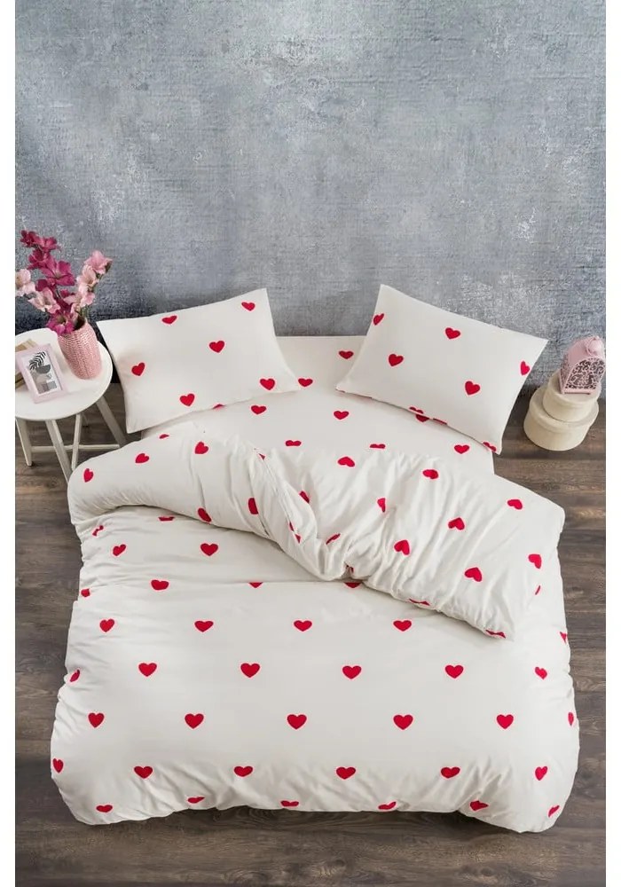 Krémszínű kétszemélyes hosszabbított négyrészes renforcé pamut ágyneműhuzat lepedővel 200x220 cm Mini Hearts – Mila Home