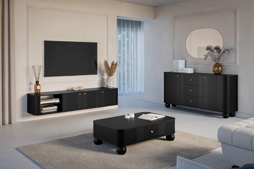 Vesper 3D fali TV szekrény 187 cm talapzaton - fekete / arany fogantyúk