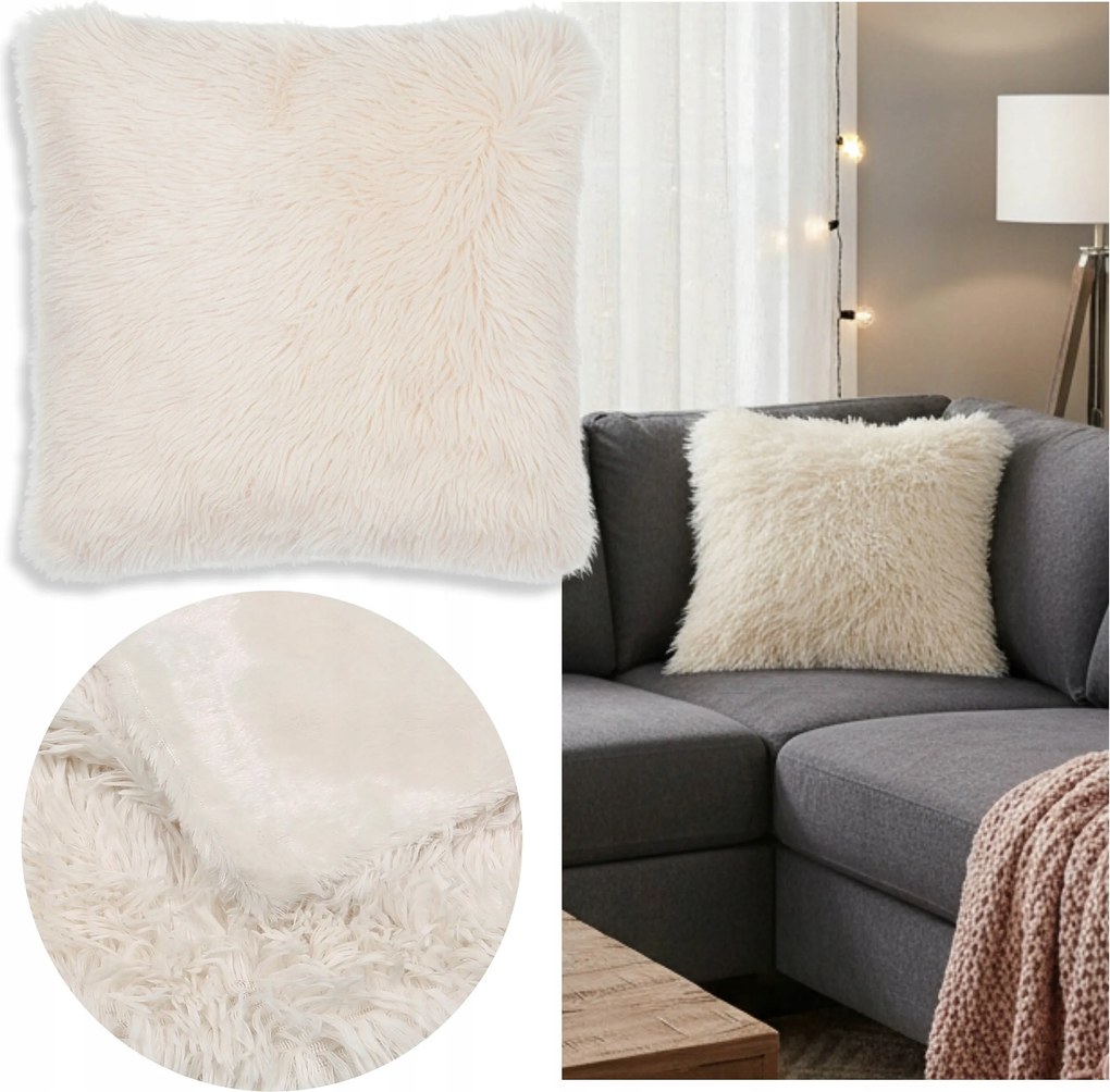 Fehér hosszú sörtéjű párnahuzat, Dekoratív cipzáras 40x40cm