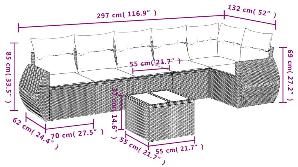 7 részes szürke polyrattan kerti ülőgarnitúra párnákkal