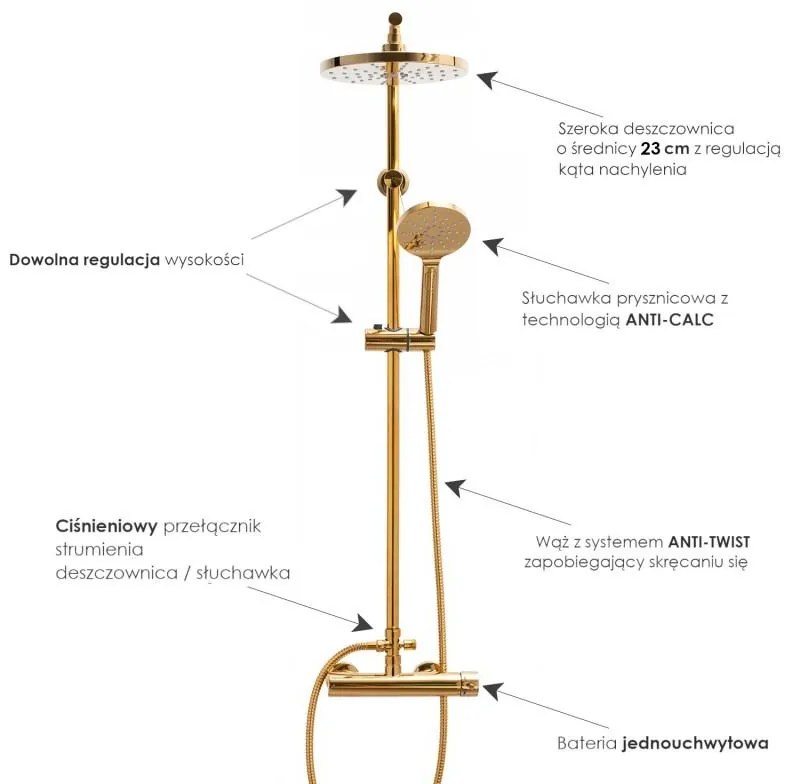 Erga Dubai, zuhanygarnitúra karos csapteleppel és esőfejjel 23 cm, arany fényes, ERG-YKA-BP.DUBAJ23-GLD