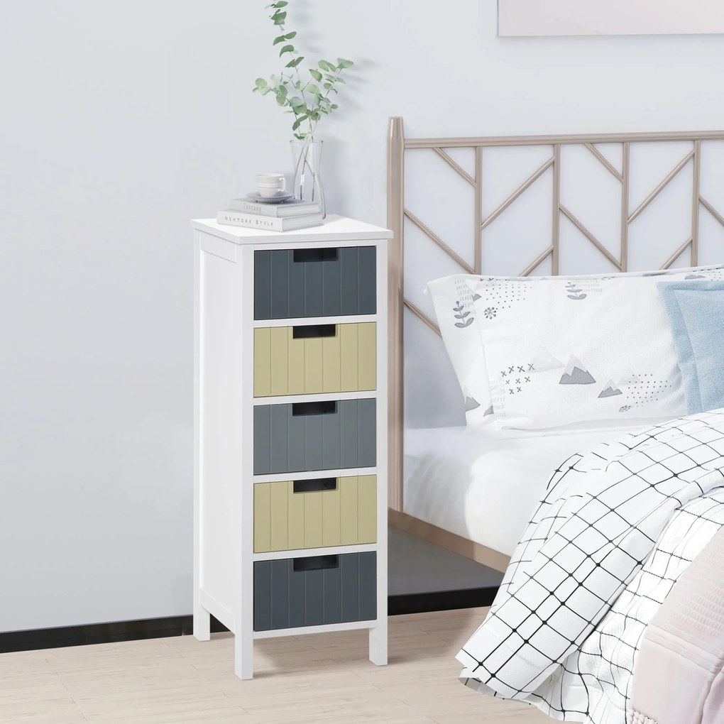 HOMCOM Fa Fiókos Szekrény 5 Fiókkal Éjjeli Szekrény Megemelt Lábakkal Modern Stílusban Hálószobába, Nappaliba, Fürdőszobába 35x28x90.5 cm Többszínű |
