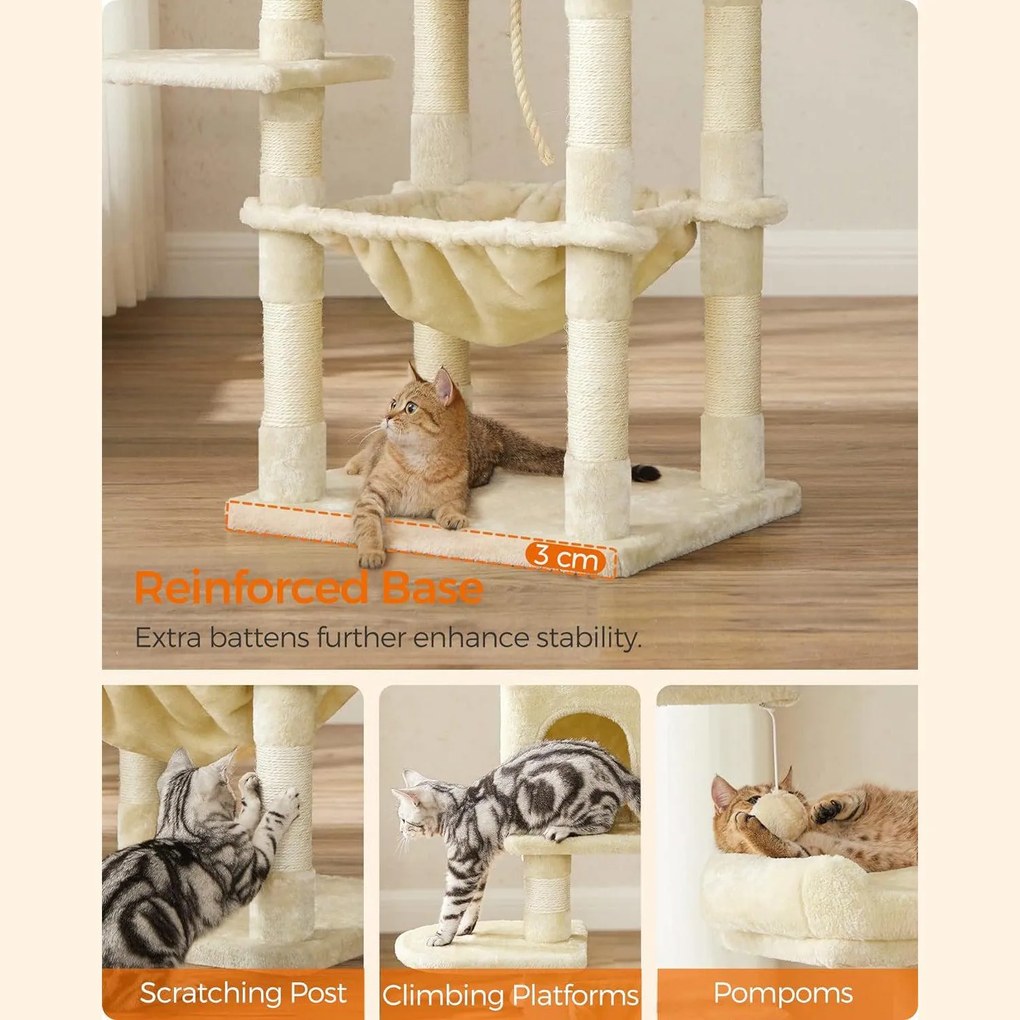 Macskafa, stabil macska torony, 143 cm, bézs | feandrea