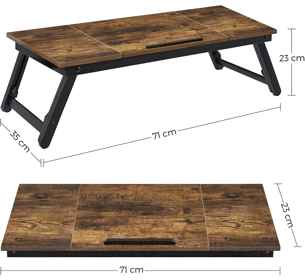 Laptop asztal, állítható reggeliző tálca, 71 x 35 x 23 cm, rusztikus barna
