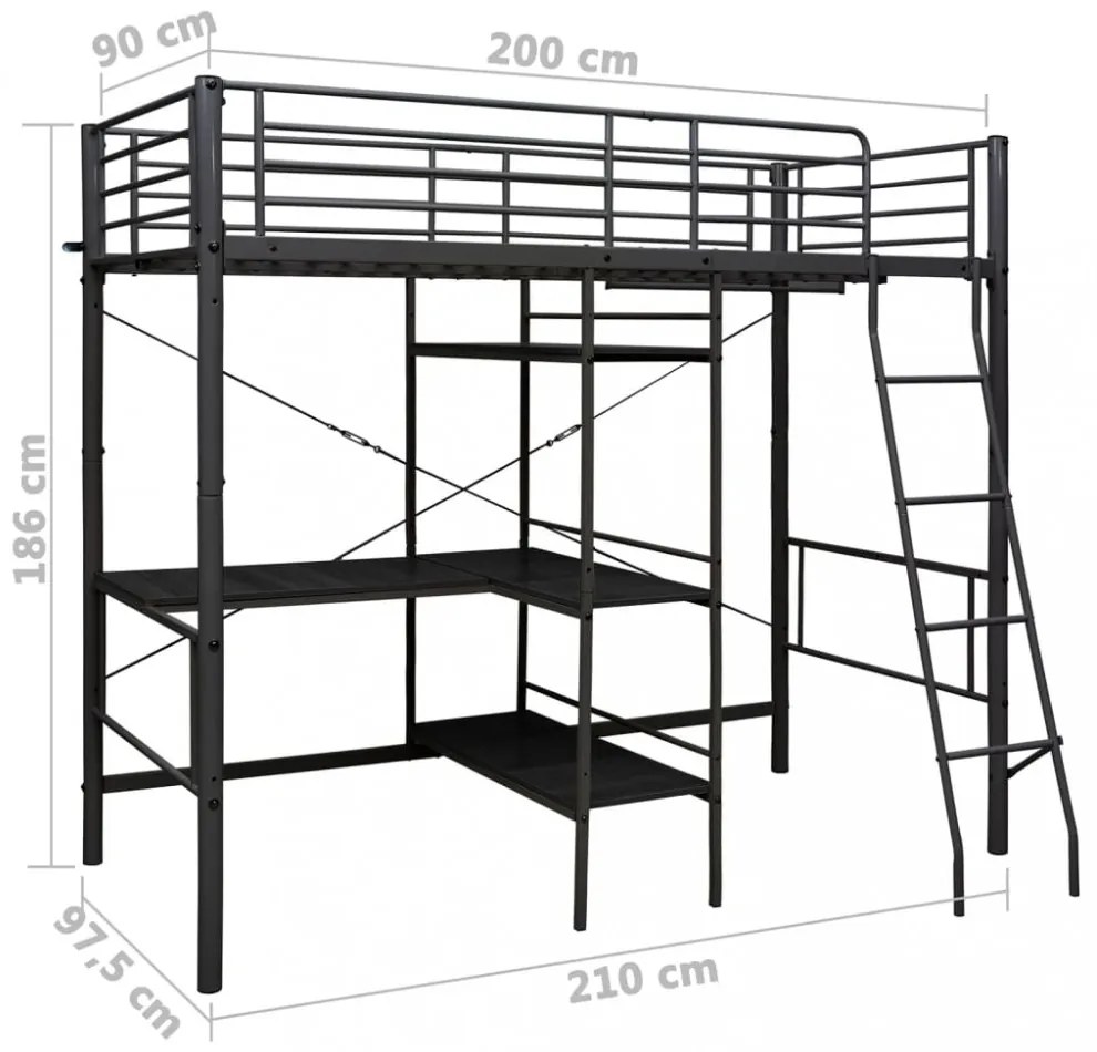 fekete fém emeletes ágykeret asztallal 90 x 200 cm
