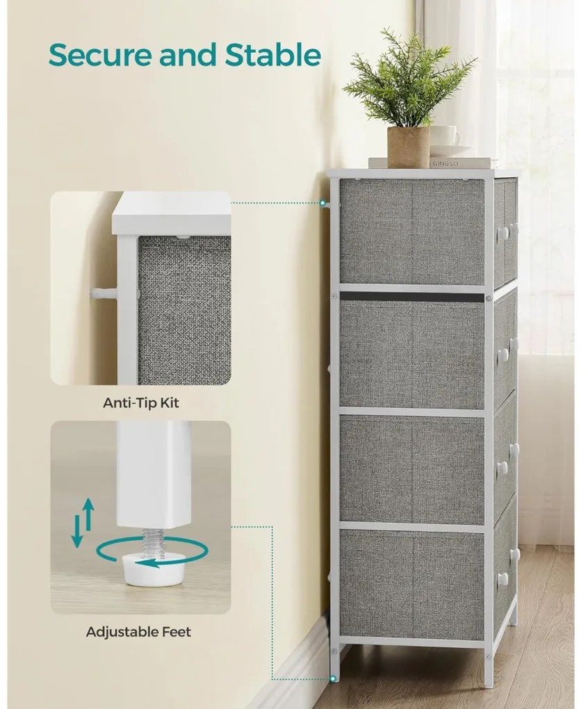 Tároló szekrény öt fiókkal, ruhás szekrény, fehér és világosszürke 80x30x85cm