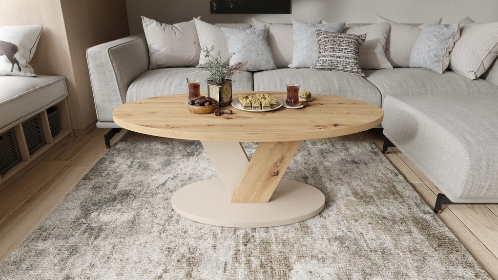 Mazzoni LOVA Artisan Tölgy/Bézs (Pezsgő színű) - OVÁLIS DOHÁNYZÓASZTAL 110x60 cm MODERN KÁVÉZÓ ASZTAL