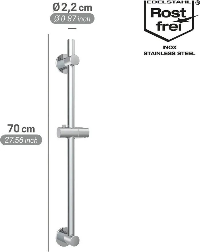 Fényes ezüstszínű öntapadós rozsdamentes acél zuhanytartó tolható tartóval 70 cm – Wenko