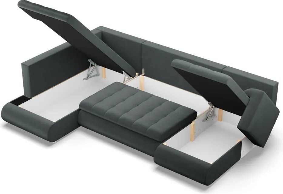 Tokio U sarokkanapé, 3 ágyneműtartóval, bársony, baloldali, szürke