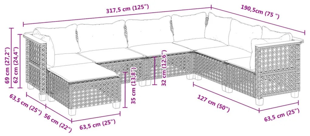 7 részes fekete polyrattan kerti ülőgarnitúra párnával