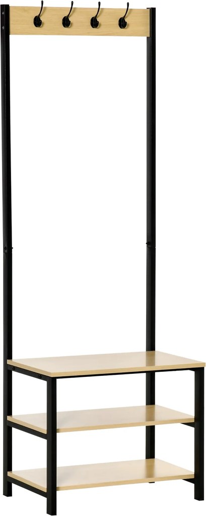 HOMCOM Fali Akasztó és Pad Cipőtartó 3 Polccal és 4 Kéttartóval Kabátokhoz Előtérbe 60x40x175 cm Fekete és Natúr | Aosom