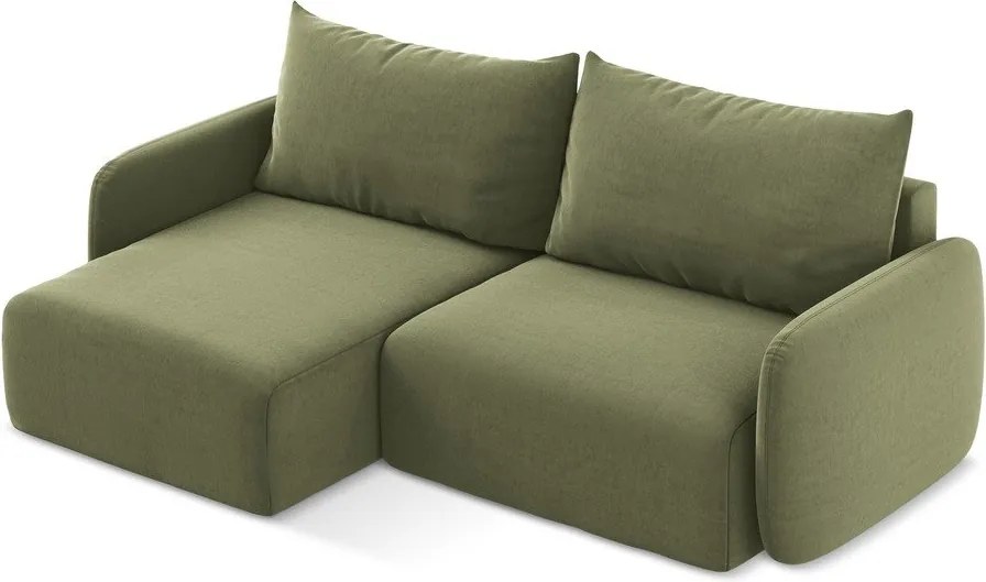 Zöld bársony kinyitható-tárolóhelyes sarokkanapé (bal oldali-heverő résszel) Kalena – Makamii